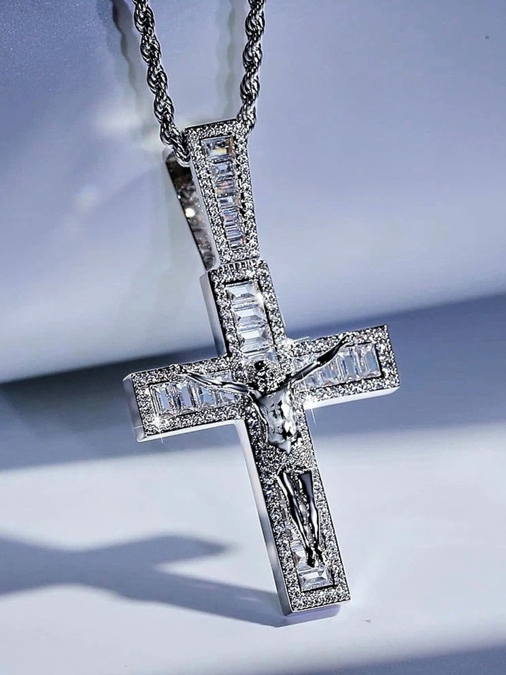 Mens Womens Crucifix Necklace Jesus Cross Chain Iced Out Baguette